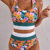 Women's Green Floral Print 2-Piece Bikini - Racerback Cutout High Waist Swimsuit - Image 2