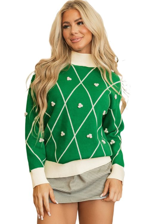 Women's Dark Green Diamond Pattern High Neck Christmas Sweater with Pom Accents