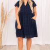 Navy Blue Plus Size Ruffled Dress with Polka Dot Texture and Notched Neck - Image 6