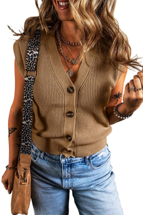 Women's Parchment V Neck Buttoned Front Sweater Vest - Versatile Layering Essential