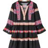 Women's Black Ethnic Print Buttoned V Neck Bell Sleeve Ruffle Patchwork Dress - Image 11