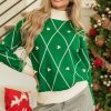 Women's Dark Green Diamond Pattern High Neck Christmas Sweater with Pom Accents - Image 5