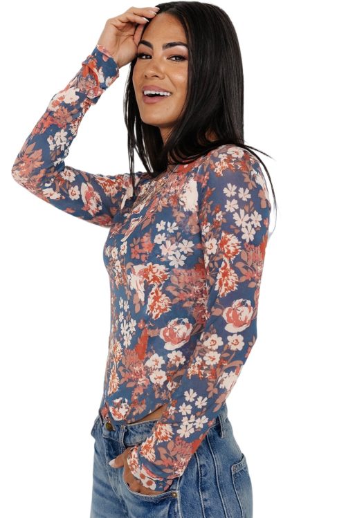 Women's Orchid Petal Floral Print Mesh Fitted Long Sleeve Top - Elegant & Breathable