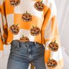 Women's Halloween Sweater - Grapefruit Orange Sequined Pumpkin Checkered Puff Sleeve - Image 3