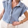 Women's Dusk Blue Denim Pinup Folded Cap Sleeve Shirt - Stylish Cropped Blouse - Image 13