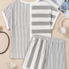 Women's Gray Stripe Mixed Print Short Sleeve Top and Pocketed Shorts Set - Image 10