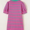 Women's Pink Stripe Collared V Neck Puff Sleeve T-Shirt Mini Dress - Image 5