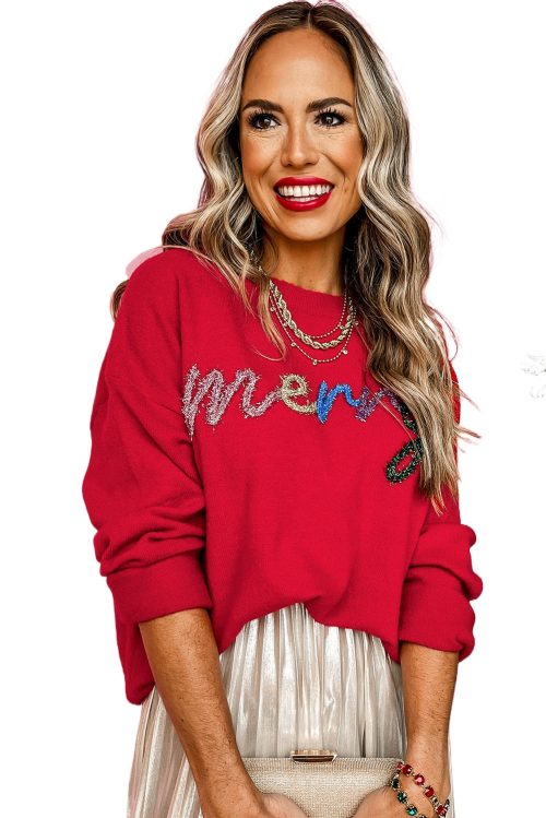 Women's Fiery Red Tinsel Merry Letter Drop Shoulder Baggy Sweater