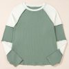 Women's Mint Green Ribbed Colorblock Patchwork Raglan Long Sleeve Top - Image 4