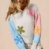 Women's Multicolor Floral Embroidered Colorblock Fuzzy Drop Shoulder Sweater - Image 3