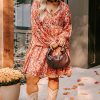 Plus Size Orange Floral Print Split V Neck Bubble Sleeve Midi Dress - Image 6