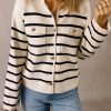 Women's Classic Black Stripe Flap Pocket Buttoned Cardigan Sweater - Image 6