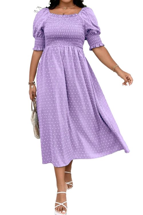 Wisteria Swiss Dot Smocked Frilled Neckline Short Sleeve Plus Size Maxi Dress