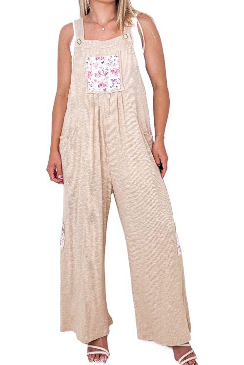 Women's Jet Stream Floral Patchwork Wide Leg Jumpsuit with Ribbed Fabric and Side Pockets