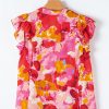 Women's Red Abstract Print Split V Neck Ruffle Short Sleeve Blouse for Summer - Image 5