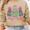 Women's Khaki Merry & Bright Christmas Tree Print Pullover Sweatshirt - Image 2