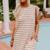 Women's Khaki Stripe Sleeveless Mini Dress with Pockets - Casual Round Neck Style - Image 14