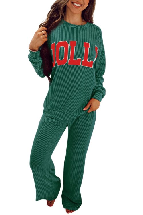 Women's Evergreen JOLLY Corded Long Sleeve Top and Pockets Pants Set for Cozy Lounging