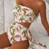 Women's Pink Tropical Asymmetric Cut-Out Halter Backless One Piece Swimwear - Image 7