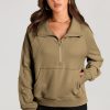 Women's Brown Quarter Zip Stand Neck Sweatshirt with Kangaroo Pocket - Image 3