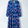 Women's Blue Floral Peasant Sleeve Tiered Ruffle Midi Dress - Image 8