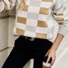 Women's Khaki Checkered Ribbed Edge O Neck Drop Shoulder Sweater - Image 6