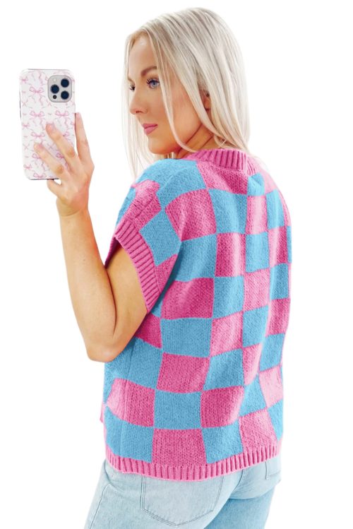 Women's Sachet Pink Colorblock Plaid Pattern Ribbed Trim Sweater Tank Top