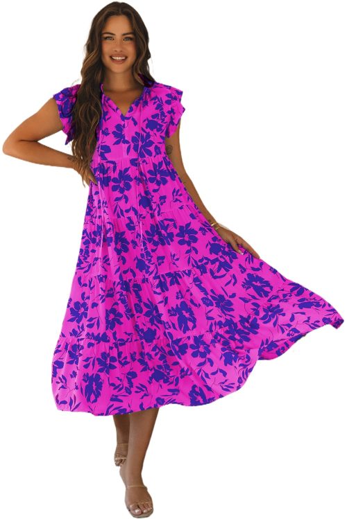 Women's Rose Floral Print Tiered Frilled Trim Flutter Sleeve Maxi Dress