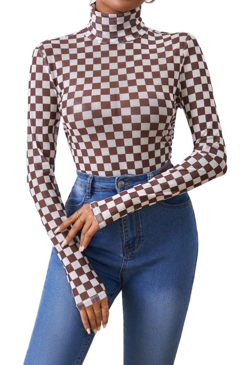 Women's Brown Checkered High Neck Long Sleeve Bodysuit