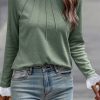 Women's Grass Green Seam Detail Long Sleeve Top with Lace Contrast Cuffs - Image 2