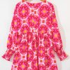 Women's Strawberry Pink Geometric Print Smocked Long Sleeve Mini Dress - Image 5