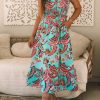 Women's Green Abstract Print Smocked Bodice Knotted Straps Ruffled Maxi Dress - Elegant Bohemian Style - Image 7