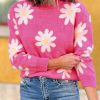 Women's Bright Pink Daisy Flower Crew Neck Long Sleeve Sweater – Cozy & Stylish - Image 2