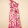 Women's Pink Abstract Floral Print Shirred One Shoulder Maxi Dress for Summer - Image 13