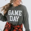 Women's Dark Grey Corded Game Day Graphic Long Sleeve Crewneck Top - Image 10