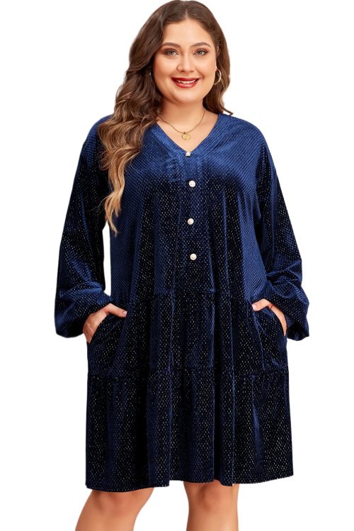 Women's Navy Blue Plus Size Textured Velvet Tiered V Neck Dress