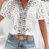 Women's White Geometric Embroidery Hollow Out Short Sleeve Blouse - Image 4