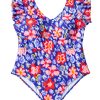 Chic Blue Floral Print Ruffled V Neck High Waist One Piece Swimwear for Women - Image 24