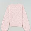 Women's Gossamer Pink Openwork Plaid Puff Sleeve Cropped Sweater - Image 13