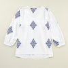 Women's White Boho Geometric Print V Neck Blouse with Bracelet Sleeves - Image 7