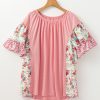 Plus Size Pink Floral Patchwork Ruffled Short Sleeve Blouse for Women - Image 8