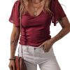 Women's Red Dahlia Slim Fit V Neck Top with Mesh Ruffled Sleeves - Image 6