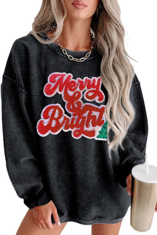 Women's Black Merry & Bright Christmas Tree Pattern Baggy Sweatshirt
