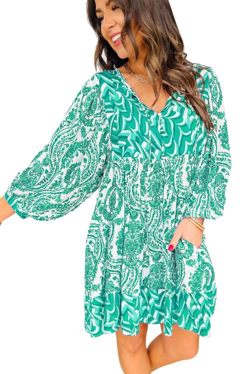 Boho Chic Green Puff Sleeve Tied V Neck Flared Mini Dress