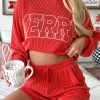 Women's Racing Red Corded MERRY Graphic Long Sleeve Top and Shorts Set - Image 6