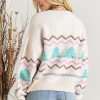 Women's White Striped Christmas Tree Drop Shoulder Sweater with Ribbed Trim - Image 3