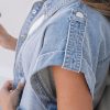 Women's Dusk Blue Denim Pinup Folded Cap Sleeve Shirt - Stylish Cropped Blouse - Image 9