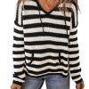 Women's White Stripe V Neck Pocketed Drawstring Hooded Sweater - Cozy Casual Style - Image 12