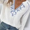 Women's White Paisley Embroidered Textured Split Neck Long Puff Sleeve Blouse - Image 2