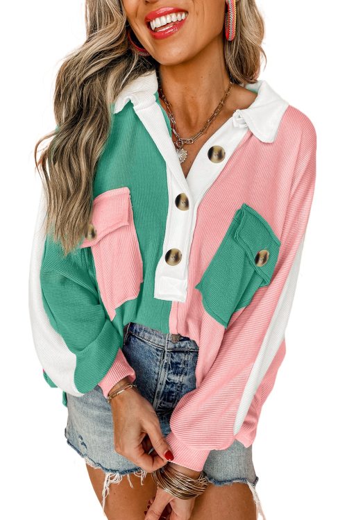 Women's Pink Colorblock Ribbed Oversized Sweatshirt with Buttoned Neckline